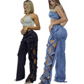 D8727 Side Hollow Denim Panel Straight Leg Pants
