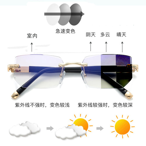 Uv400 Premium Rimless Diamond Beveled Unisex UV-Proof HD Fashionable Anti-Blue-Light Photochromic Glasses