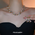 French Elegant Rhinestone Geometric Beaded Pearl Earrings Necklace Set Exquisite Clavicle Chain Light Luxury Premium Necklace