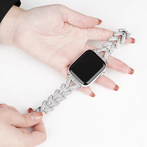 Tweed Style Rhinestone V Lettering Heart Band Fits Apple watch8-1 Third Gen Metal Apple Band