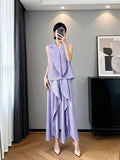 Sleeveless Pleated Asymmetric Drapey Wide Leg Pants + Top Set