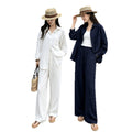 Fall Old Money Retro Linen Long Sleeve Loose Wide Leg Pants + Shirt 2-Piece Set