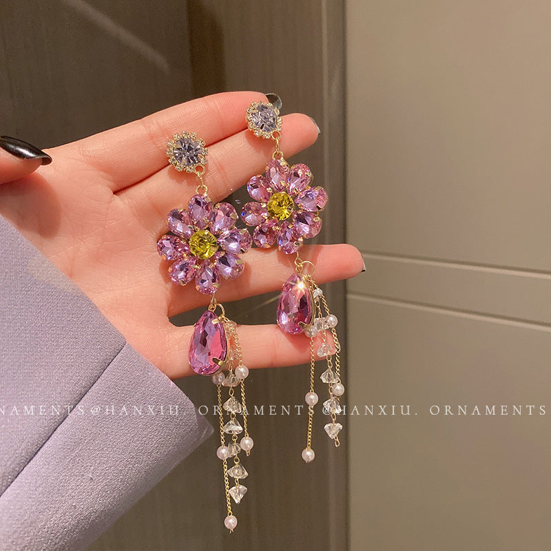 Purple Rhinestone Flower Tassel Earrings - view 2