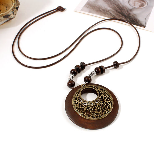 New Import Vintage Cotton Linen Circle Pendant Necklace Accessory Ethnic Style Woody Long Style Women Sweater Chain In Stock