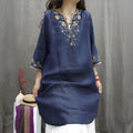 Vintage Linen Embroidered Shirt Dress - Mid-Length Casual Blouse Dress Women