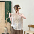 Summer Korean Youthful Ramie Sleeveless V-Neck Patchwork Lace Trim Shirt