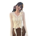 Women's V-Neck Sheer Ruffle Bell Sleeve Blouse