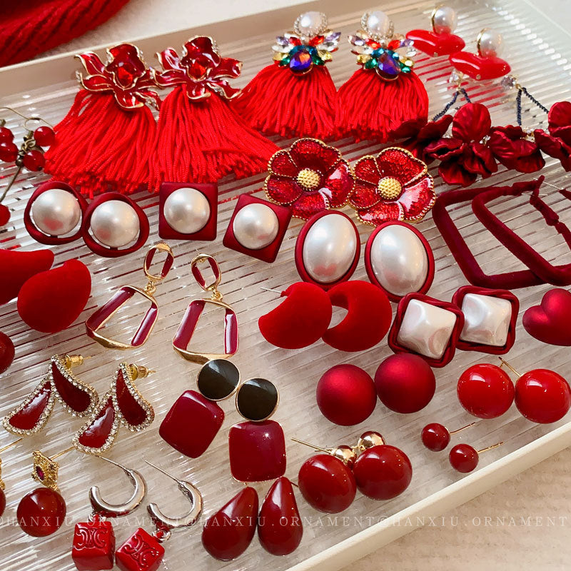 Red Square Flower Tassel Earrings - view 3