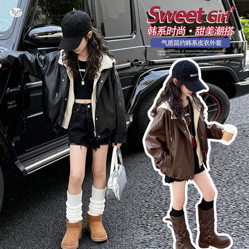Girls' Premium Hooded Leather Jacket