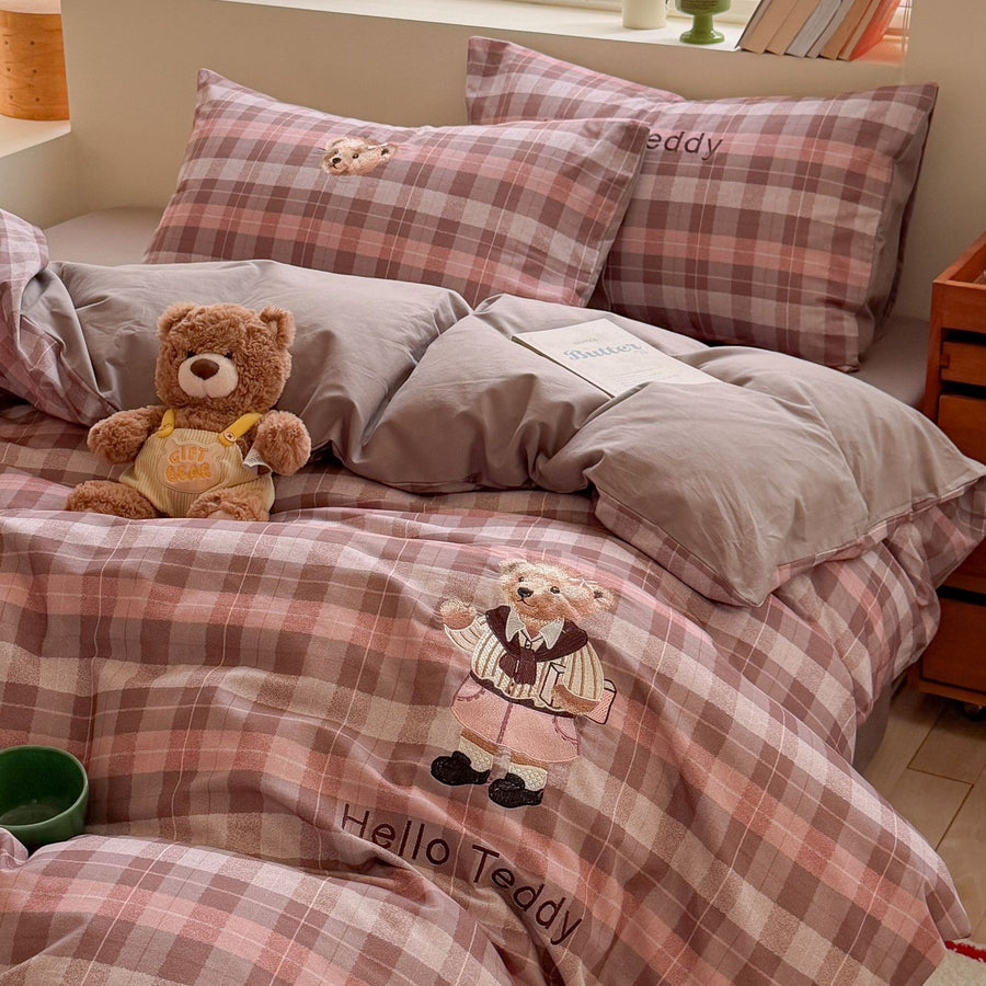 Reading Bear Plaid Embroidered Cotton 4-Piece Bedding Set - view 3