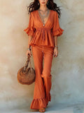 Summer Casual Fashion Short Sleeve V-Neck Tie-Front Ruffle Shirt Set