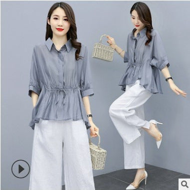 Summer Fashion Elegant Tencel Linen Cotton Lightweight Wide Leg Pants + Top 2-Piece Set