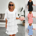 Round Neck Color Block Tiered Dress - Fashion Patchwork Cake Skirt Dress