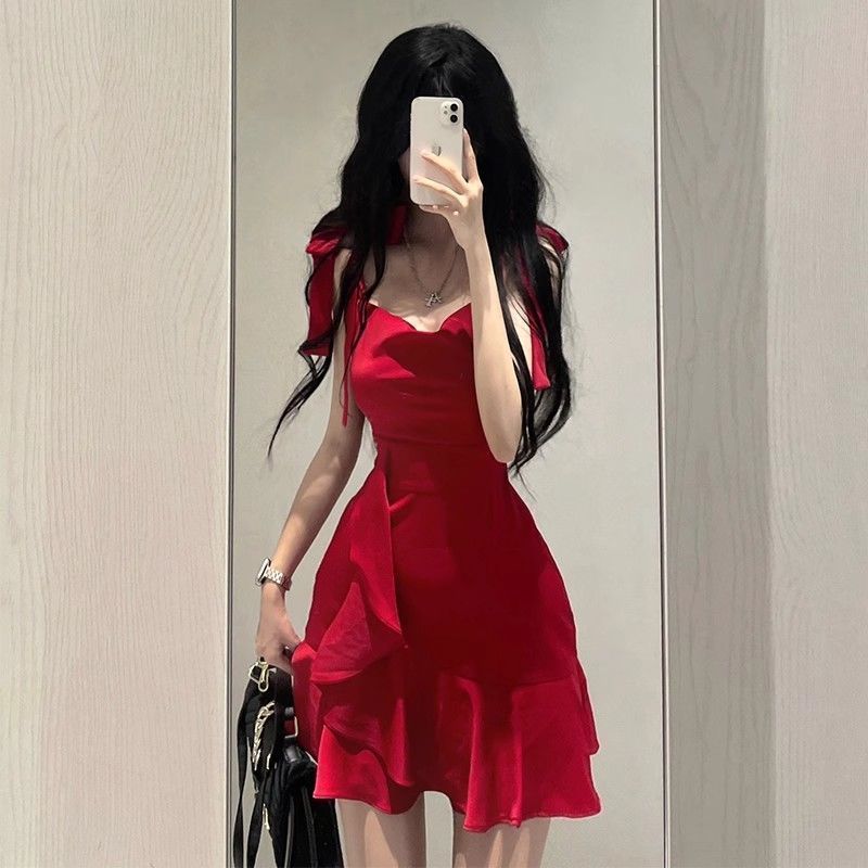 Hot Girl Red Camisole Short Dress, Fitted Design