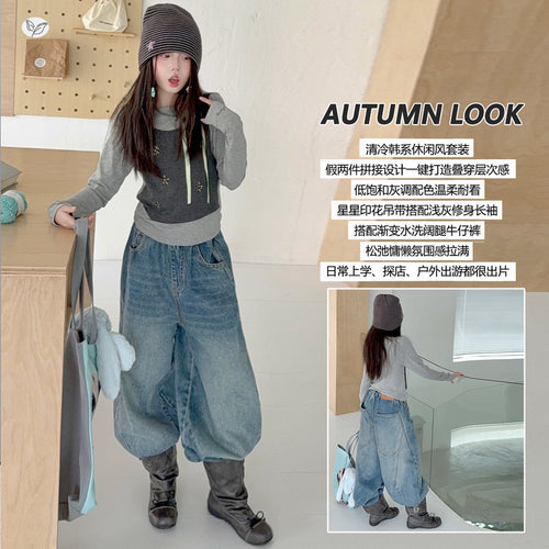 Girls' Faux Layered Long Sleeve Tee & Denim Carrot Pants Set