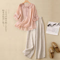 New Chinese Ethnic Linen Cotton Short Sleeve Wide Leg Pants + Top Set