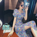Purple Puff Sleeve Floral Fitted Long Dress with Side Slit