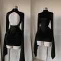 In Stock 2026 Fall Mock Neck Long Sleeve Backless Pleated Mini Dress