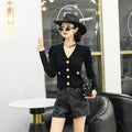 Women's Fall Fashion Elegant Knit V-Neck Hollow-Out Heavy Cardigan 2026 - Black