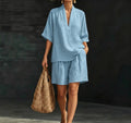 Summer Old Money Relaxed Linen Short Sleeve V-Neck Loose Wide Leg Pants + Top 2-Piece Set