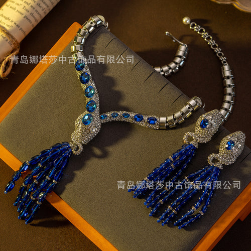 Vintage Accessory Premium vintage Royal Blue Fringe Necklace Earrings Set Jewelry Set Heavy-Duty Luxury Accessory