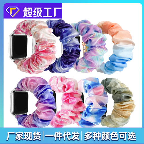 For apple iwatch Tie-Dye Rainbow Satin Large Cord Hair Tie Watch Band Stretch Apple Band Wholesale Custom