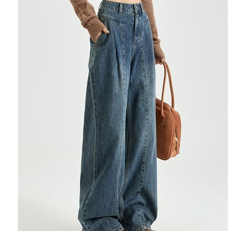 Fall Retro High Waist Loose Straight Leg Wide Leg Pants + Pants