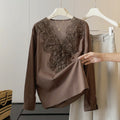 Summer Slimming Linen Cotton Lace Long Sleeve V-Neck Patchwork Heavy Shirt