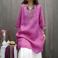 Vintage Linen Embroidered Shirt Dress - Mid-Length Casual Blouse Dress Women
