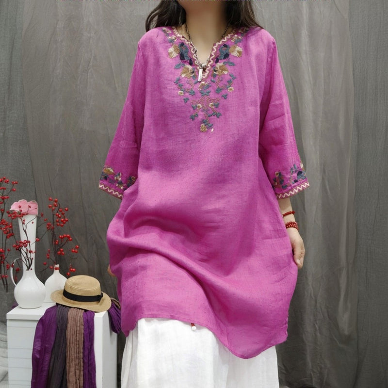 Vintage Linen Embroidered Shirt Dress - Mid-Length Casual Blouse Dress Women