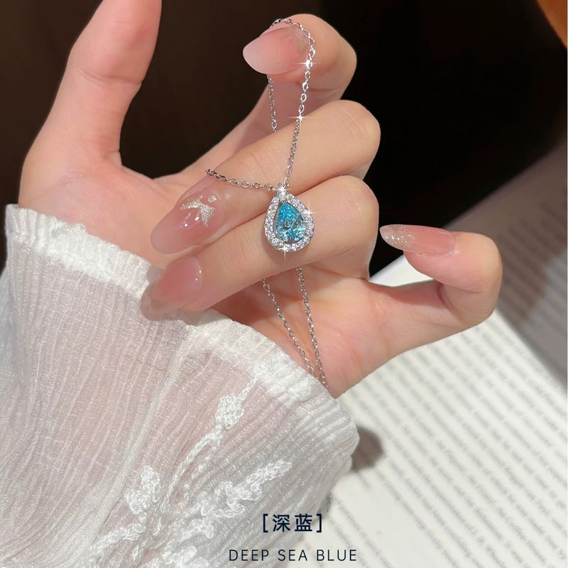 蓝眼泪水滴S999纯银项链女轻奢百搭锁骨链满钻吊坠送女友妈妈礼物
