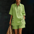 Short Sleeve Shirt plus Pants Two-Piece Set - Casual Loose Fit Summer Outfit Women