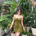 Retro Green Tie Camisole Fitted A-Line Short Dress