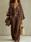 Summer Plus Size V-Neck Drawstring Wide Leg Cardigan + Pants 3-Piece Set