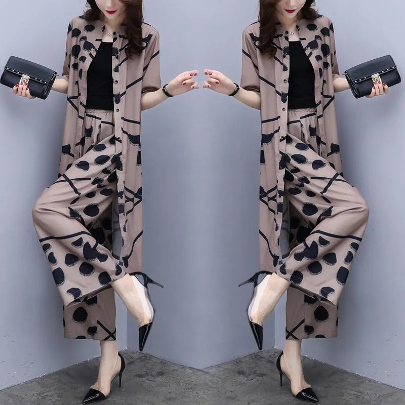 Summer Slimming Plus Size Loose Wide Leg Pants + Cardigan + Top 2-Piece Set