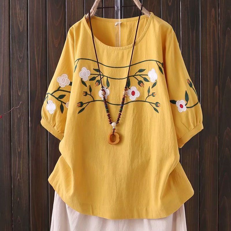 Women's Summer Ethnic Artistic Plus Size Linen Cotton Embroidered Short Sleeve Loose - White