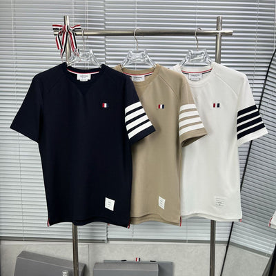 高品质夏季四杠条纹上衣搭配短裤休闲时尚套装系列