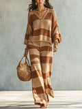 Vacation Retro Knit High Waist Striped Textured Color-Block Top 2-Piece Set
