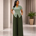 Summer Office Casual Short Sleeve Fitted Wide Leg Pants + Top Set