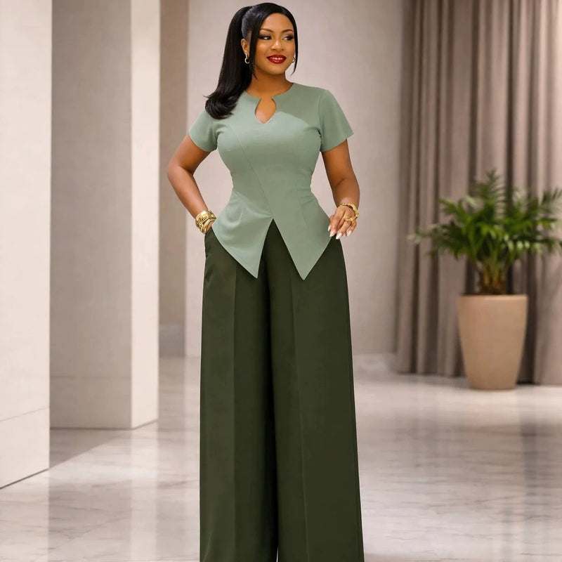 Summer Office Casual Short Sleeve Fitted Wide Leg Pants + Top Set
