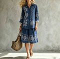 Women's Ethnic Casual Jacquard 3/4 Sleeve Loose Wide Leg Pants + Shirt 2-Piece Set 20 - Dark Blue