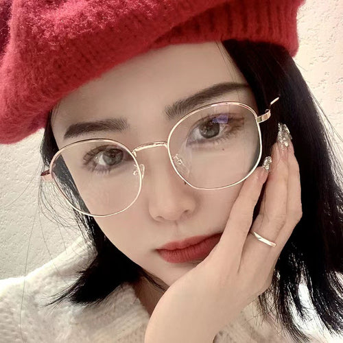 2022 RedNote Bare Face Breeze Oval Round Glasses Frame Overseas Metal Anti-Blue-Light Photochromic Plano Women Factory Wholesale