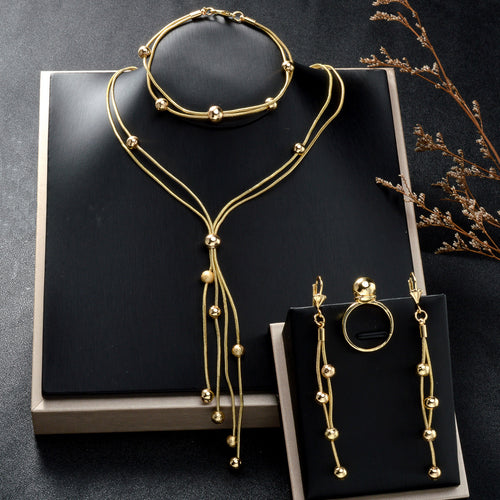 EU/US Import 18K Gold Simple Pair Band Beaded Fringe Necklace Bracelet Set Earrings Ring Middle East Banquet Set Women
