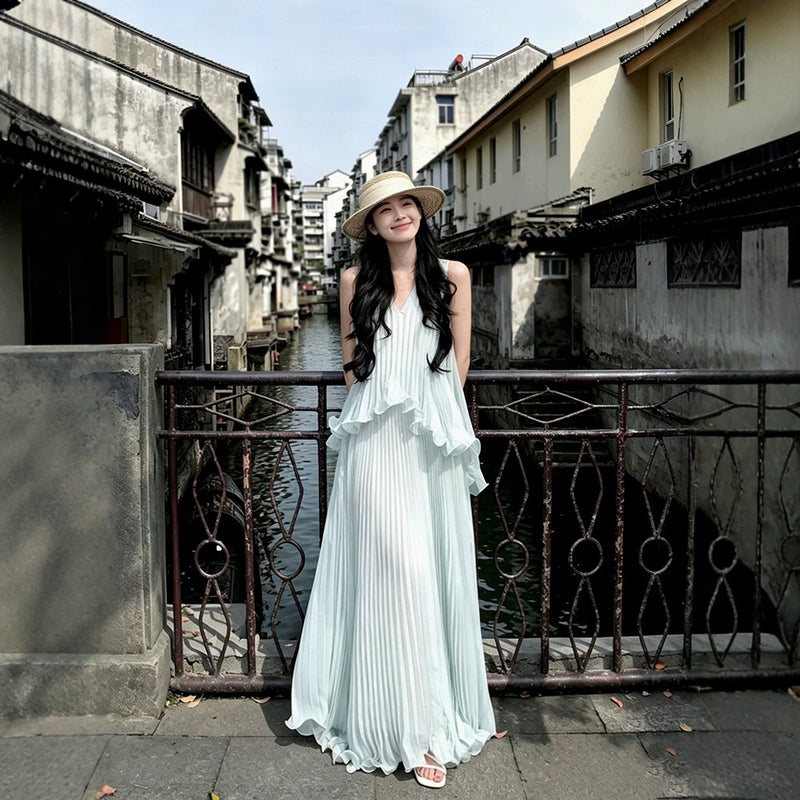 Summer French Vacation V-Neck Ruffle Dress + Long Skirt