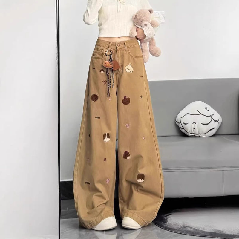 Spring Casual Versatile Embroidered Loose Wide Leg Pants