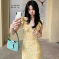 French Retro Floral Square Collar Ruffle Mid-Length Dress