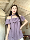 Summer Korean Elegant Off-Shoulder Boat Neck Ruffle Shirt