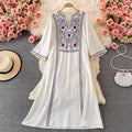 Women's Fall Ethnic Vacation Embroidered V-Neck Waist-Tie Swing Dress + Long Skirt + - Yellow