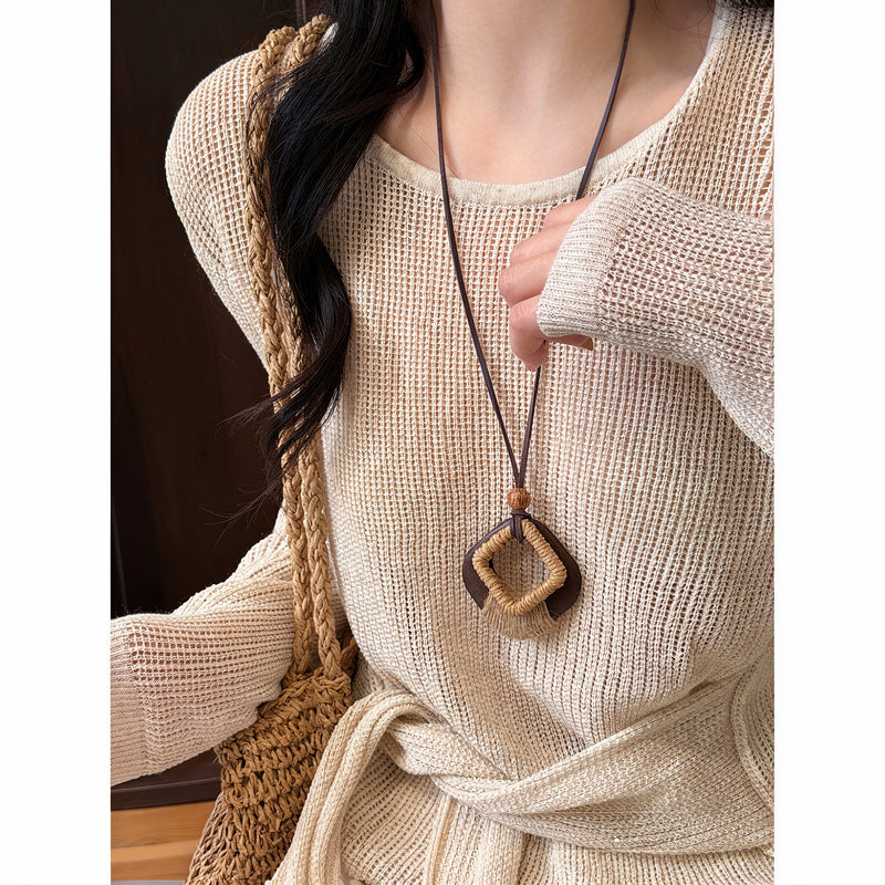 Bohemian Wooden Bead Rope Pendant Necklace - view 7
