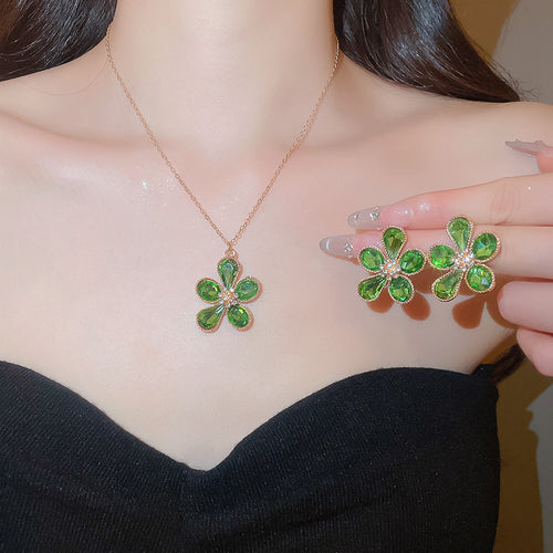 Green Wild Fairy Tracking Rhinestone Flower Jewelry Set Light Luxury Niche Wedding Clavicle Chain Banquet Luxury Ambience Necklace